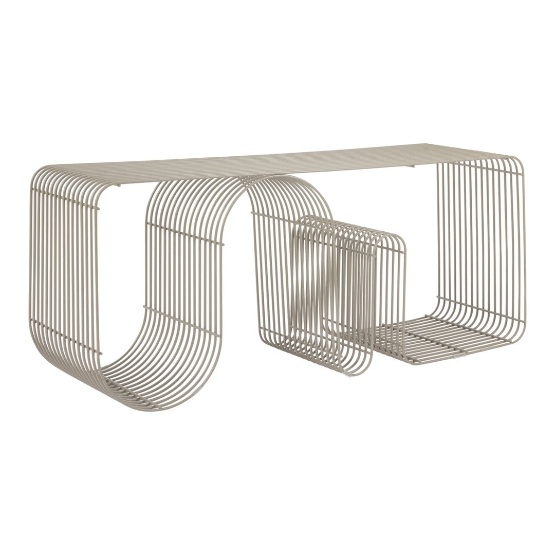 Stylish light beige wire console table with a modern curved pattern and open design for contemporary decor.