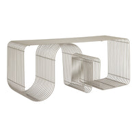 Stylish light beige wire console table with a modern curved pattern and open design for contemporary decor.