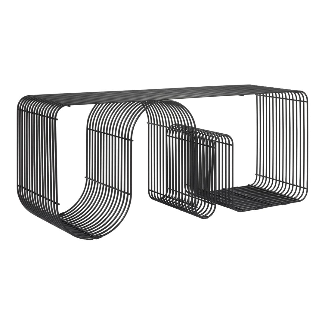 Stylish black metal console table with sleek, curved lines and an open, modern design. Ideal for contemporary decor.