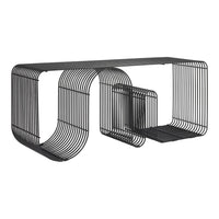 Stylish black metal console table with sleek, curved lines and an open, modern design. Ideal for contemporary decor.
