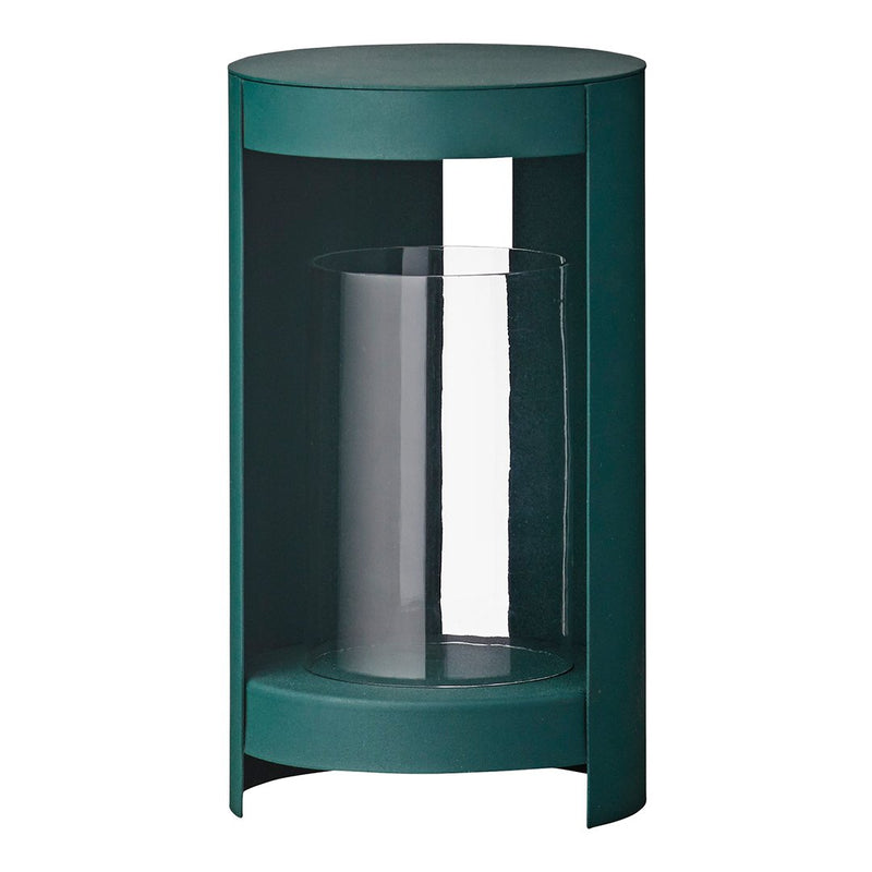 Green cylindrical lantern with a glass center, featuring sleek, modern design and smooth finishes.