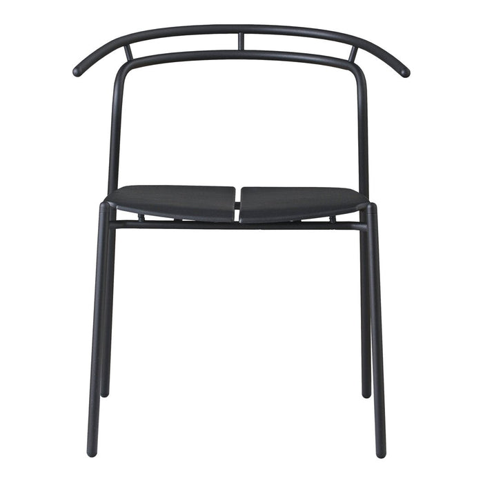Black minimalist chair with a sleek frame and smooth, padded seat in a contemporary design. Perfect for modern decor.