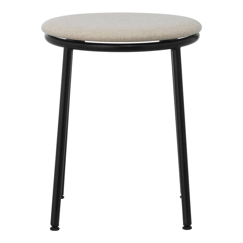 Cream upholstered round stool with a sleek black metal frame, perfect for modern decor.