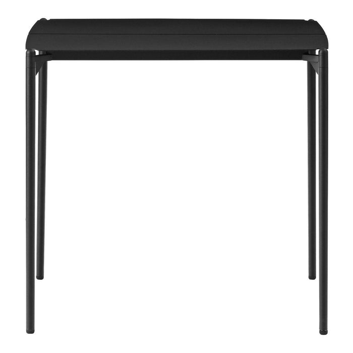 Black minimalist desk with simple lines and sleek design, featuring a solid black top and sturdy black legs.