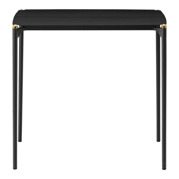 Sleek black table with gold accents, featuring a minimalist design and smooth, modern lines. Ideal for contemporary decor.