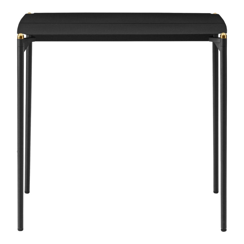 Sleek black table with gold accents, featuring a minimalist design and smooth, modern lines. Ideal for contemporary decor.