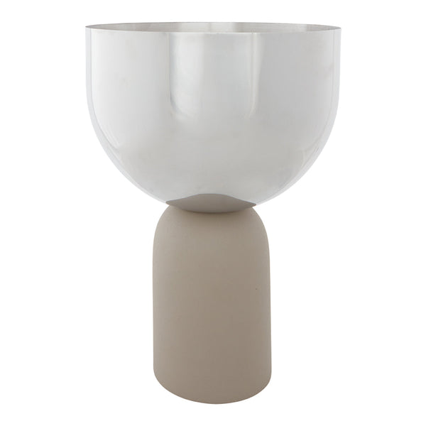 Metallic silver bowl with a matte beige base, showcasing a modern, minimalist design.