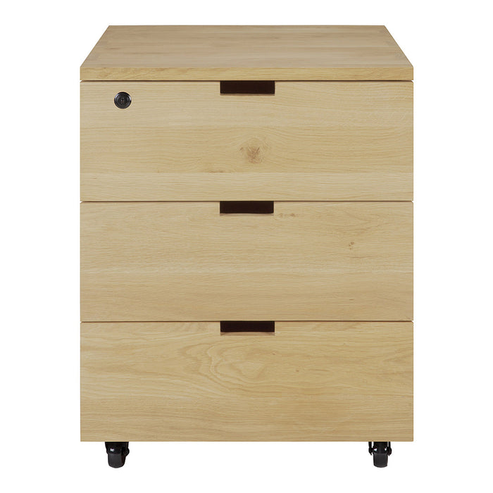 Natural wood finish cabinet with three drawers and black accents, featuring a sleek minimalist design.