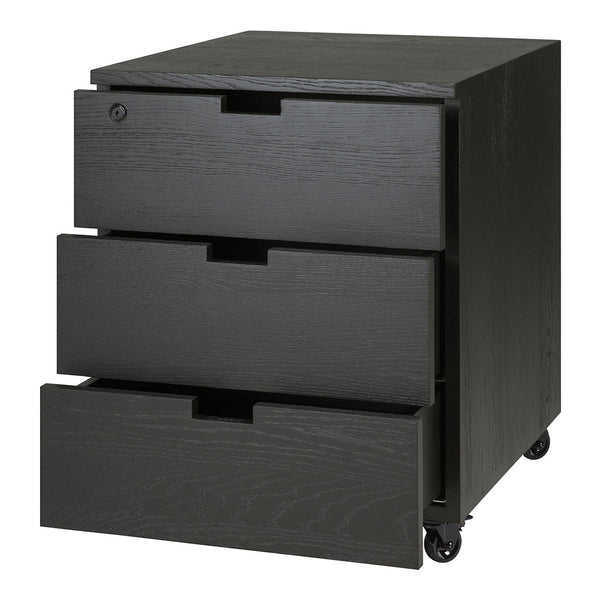 Black wooden storage cabinet with three smooth drawers and minimalist design. Sleek finish complements modern decor.