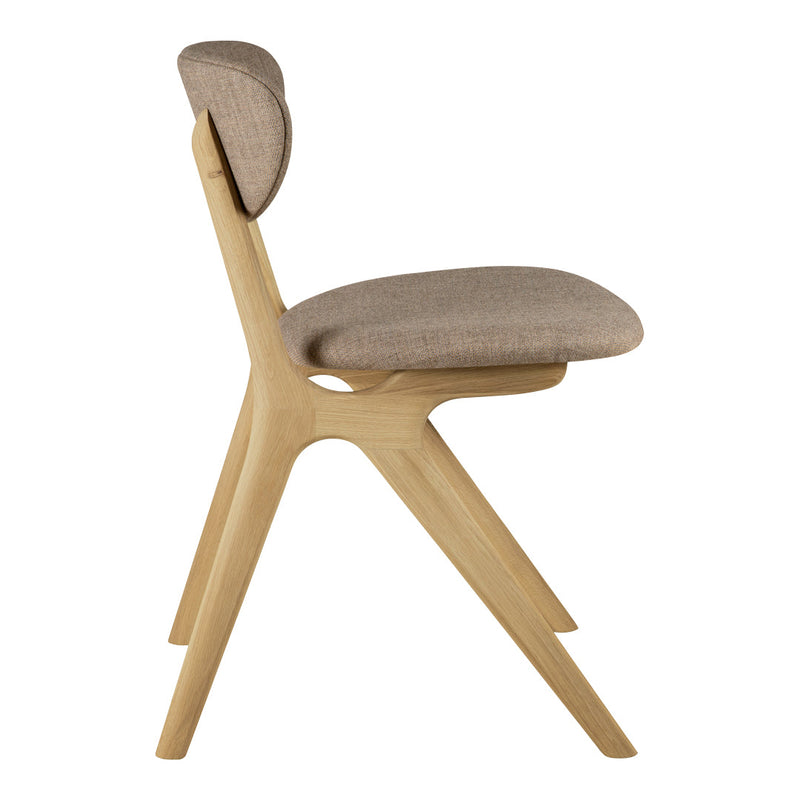Light wood chair with a soft beige fabric seat and backrest. Sleek, modern design with clean lines and neutral tones.