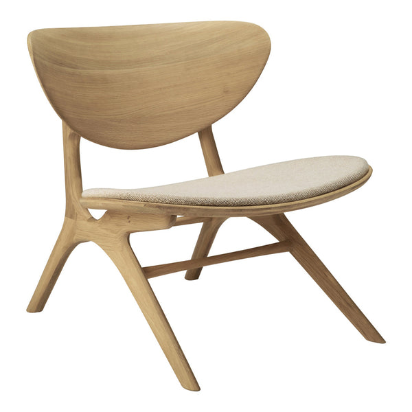 Natural wood chair with a smooth, light oak finish and a beige fabric seat. Elegant, minimalist design.