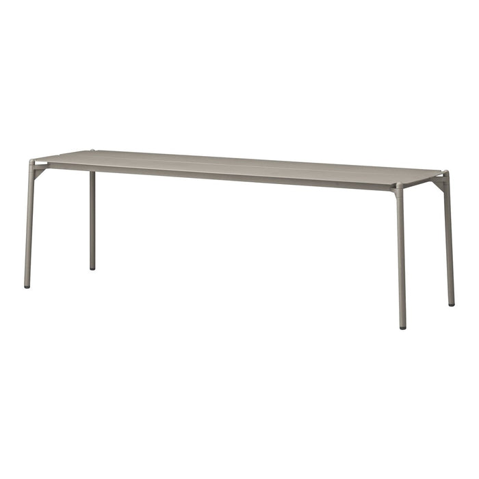 Modern gray metal table with a sleek, minimalistic design, featuring clean lines and a smooth surface.