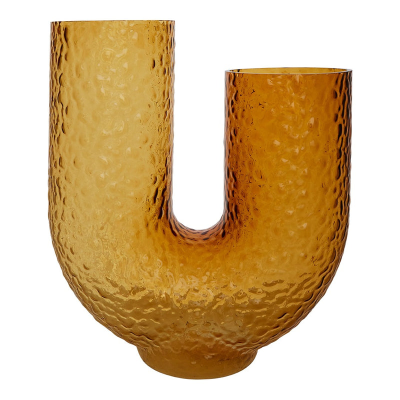 Amber glass vase with a hammered texture and unique U-shape design. Perfect for modern decor.