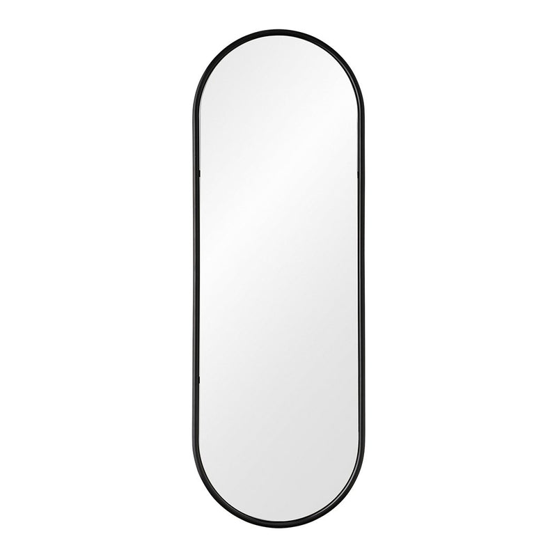Sleek black-framed oval mirror with a minimalist design and smooth reflective surface. Perfect for modern decor.
