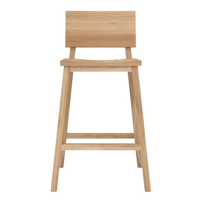Natural light wood bar stool with a minimalist design and smooth finish, featuring a simple slatted backrest.