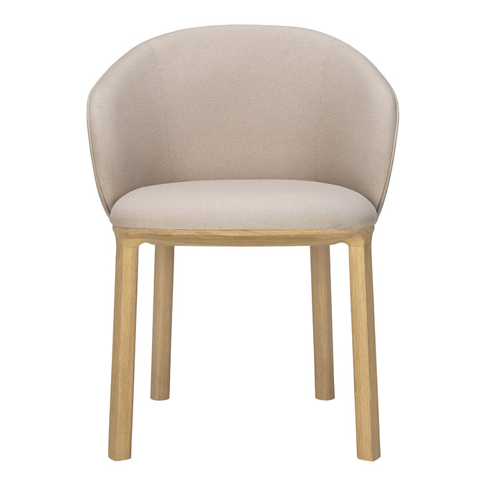 Beige upholstered chair with smooth texture and light wood legs, featuring a minimalist design for modern decor.