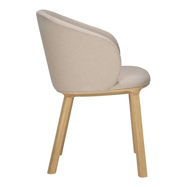 Beige fabric upholstered chair with light wooden legs, showcasing a smooth, modern design.