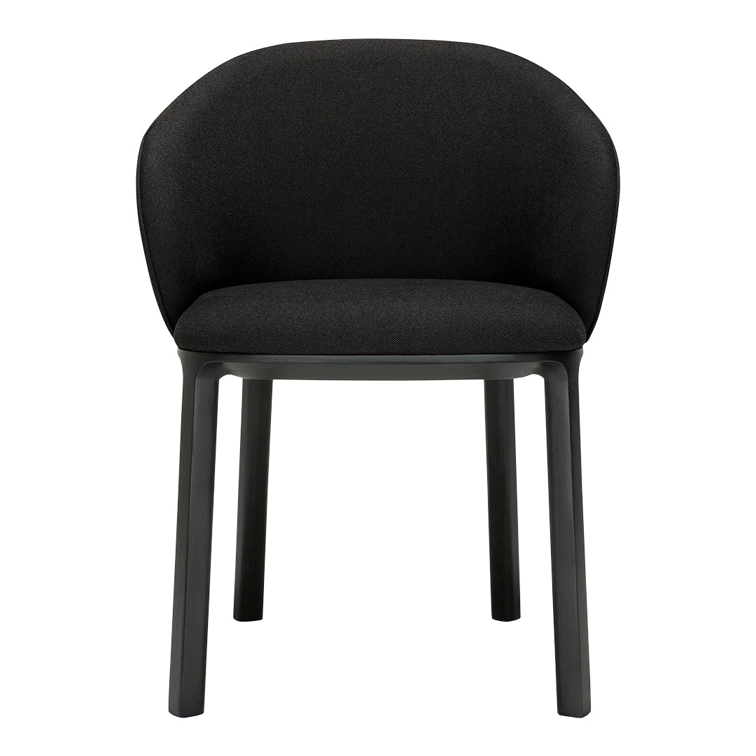 Black upholstered chair with a sleek, modern design and smooth, matte black legs. Perfect for contemporary decor.