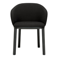 Black upholstered chair with a sleek, modern design and smooth, matte black legs. Perfect for contemporary decor.