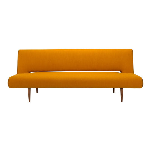 Modern yellow sofa with a sleek design and minimalist pattern, perfect for contemporary living spaces.