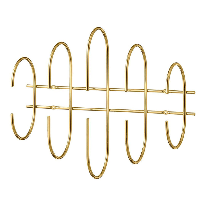 Gold metal wall hook with modern, curved oval patterns for stylish home organization. Perfect for entryways or décor.
