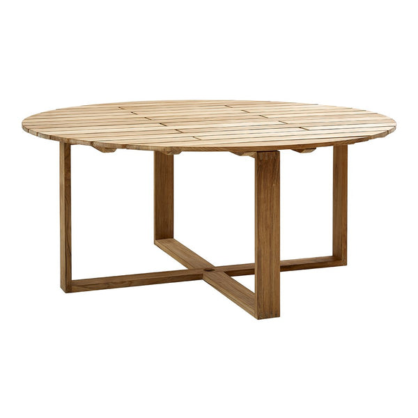 Round wooden outdoor table with a natural light brown finish and slatted tabletop design. Perfect for outdoor spaces.