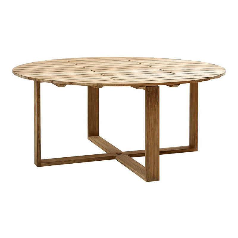 Round wooden outdoor table with a natural light brown finish and slatted tabletop design. Perfect for outdoor spaces.