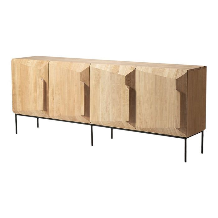 Natural wooden sideboard with a textured surface and minimalistic design, featuring clean lines and warm tones.