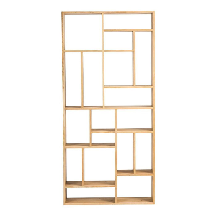 Natural bamboo shelving unit with a geometric pattern of open and closed compartments in light wood tones.