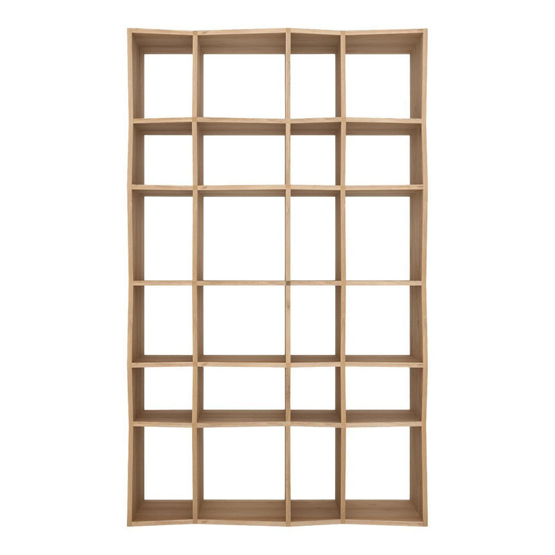 Light natural wood bookcase with a grid pattern and 16 open compartments for versatile storage and display.
