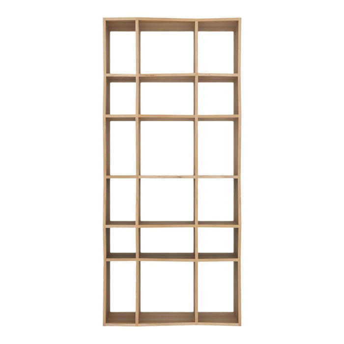 Light wood bookshelf featuring a geometric pattern with 16 open cubbies, ideal for modern decor.