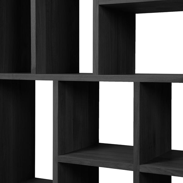 Black shelving unit with a modern geometric pattern, featuring alternating open and closed cubes.