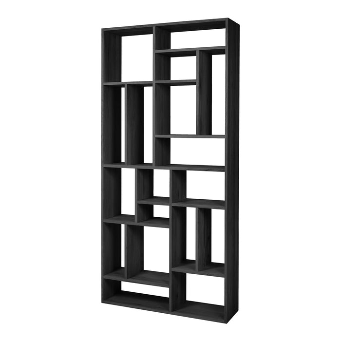 Stylish black bookshelf with geometric open shelving design, featuring varied shelf sizes and arrangements.