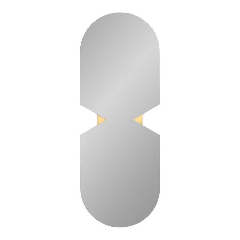 Sleek silver oval mirror with a modern design and subtle gold accents at the center, showcasing minimalist elegance.