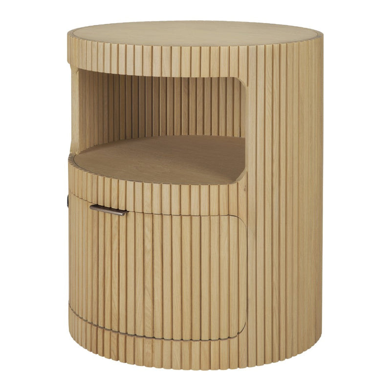 Natural wood accent table with vertical grain pattern in light beige tones. Elegant and modern design for any space.