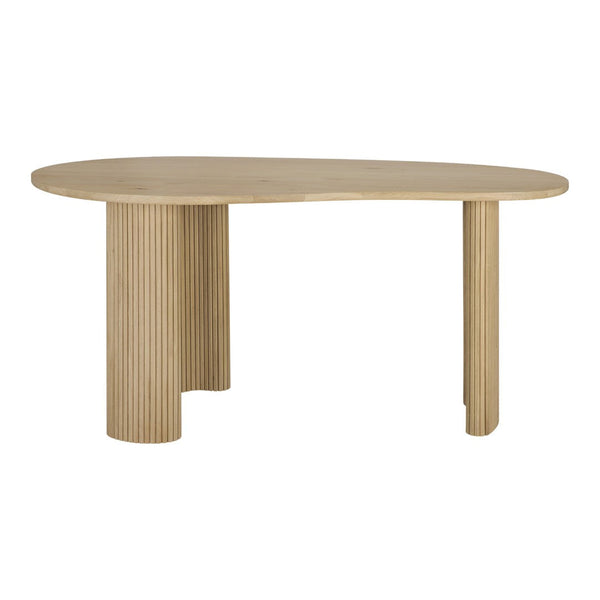 Natural wood finish table with ribbed columns and an organic, oval shape. Light tones enhance modern decor.