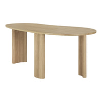 Natural wood finish table with sleek oval shape and textured vertical grooves on legs for added style.