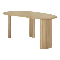 Light oak wood table with a sleek oval top and vertical ribbed legs, featuring a natural, minimalist design.