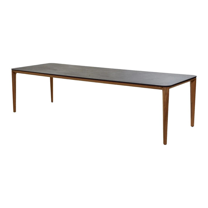 "Rectangular wooden dining table in dark brown with sleek, minimalist design and smooth surface."