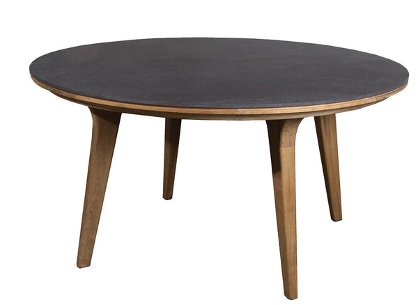 Round table with a sleek dark gray top and warm wooden legs, showcasing a modern and minimalist design.