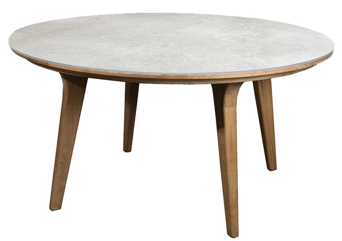 Round table with a smooth gray tabletop and natural wood legs, showcasing a minimalist design and elegant color contrast.