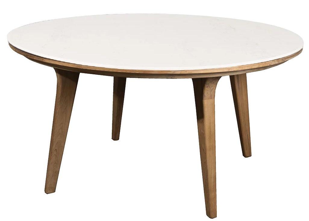 Round white tabletop with natural wooden legs, showcasing a sleek design and elegant neutral tones. Perfect for modern decor.