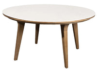 Round white tabletop with natural wooden legs, showcasing a sleek design and elegant neutral tones. Perfect for modern decor.