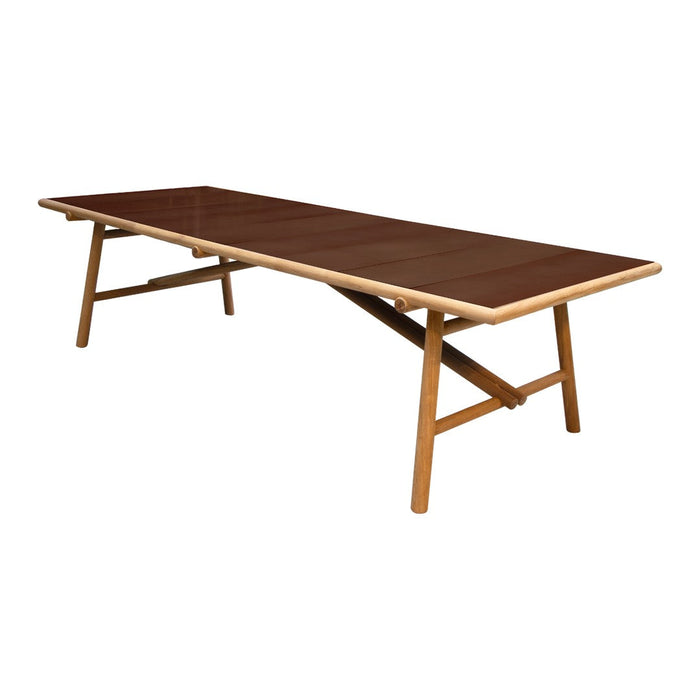 Long rectangular table with a rich brown surface and natural wood legs, showcasing a sleek, modern design.