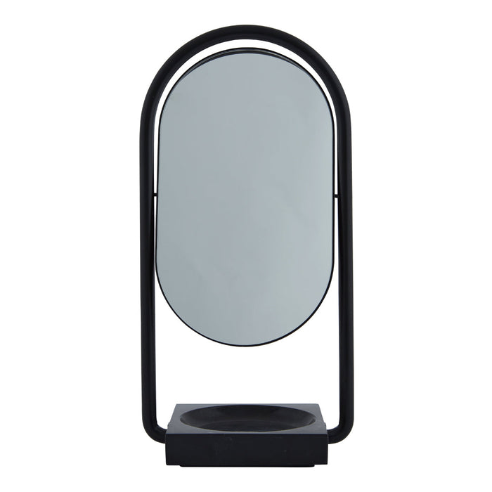 Sleek black modern mirror with an oval reflective surface and minimalist design, perfect for stylish interiors.
