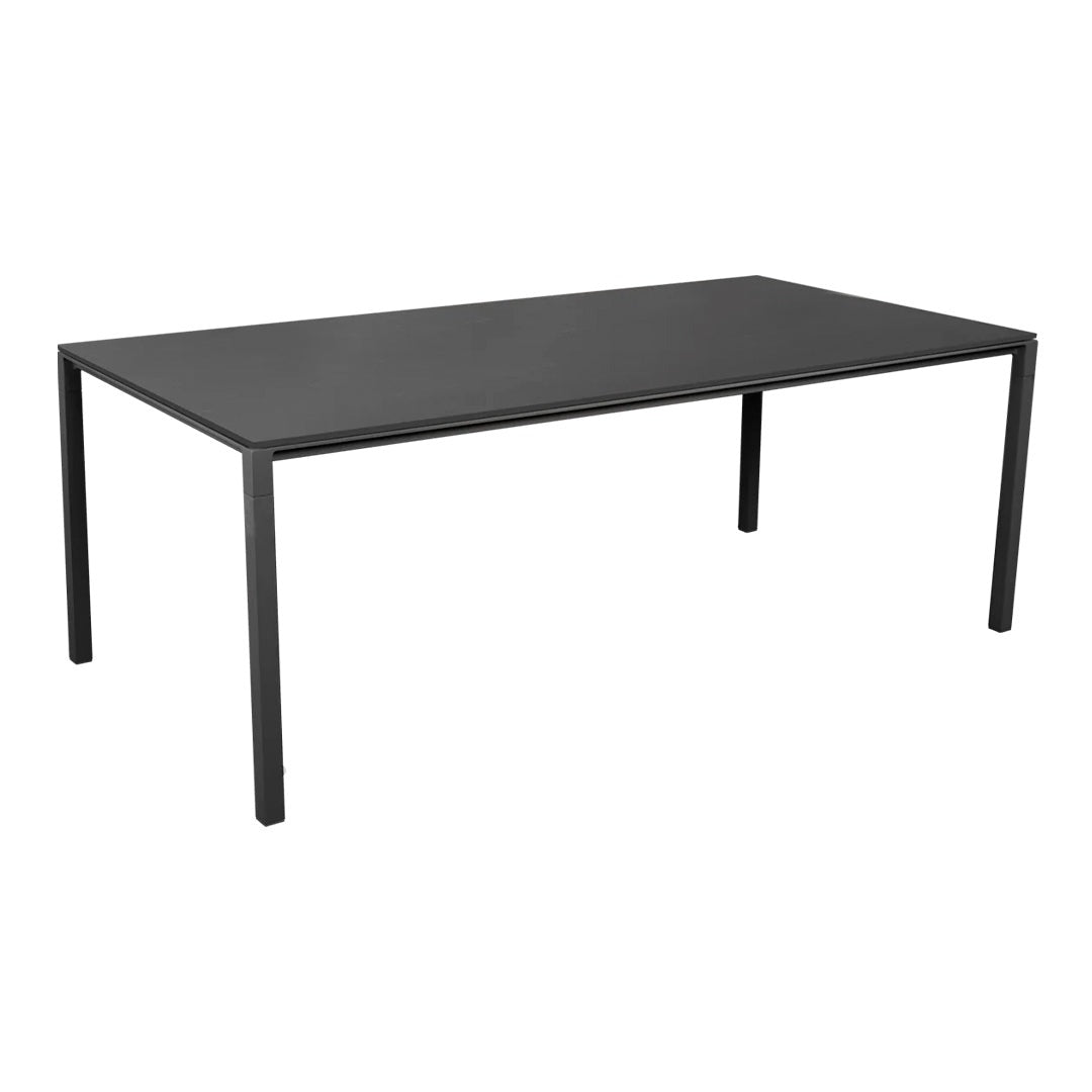 Sleek black rectangular table with a minimalist design and smooth surface, perfect for modern spaces.