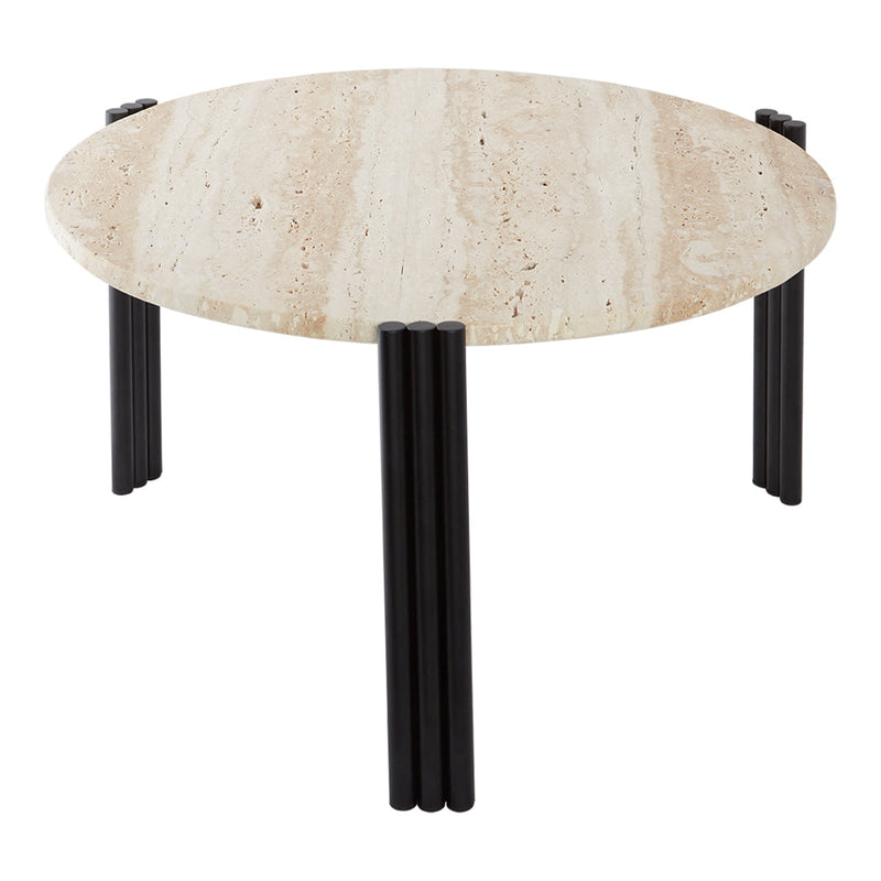 Round coffee table with a light beige speckled top and sleek black legs, featuring a modern minimalistic design.