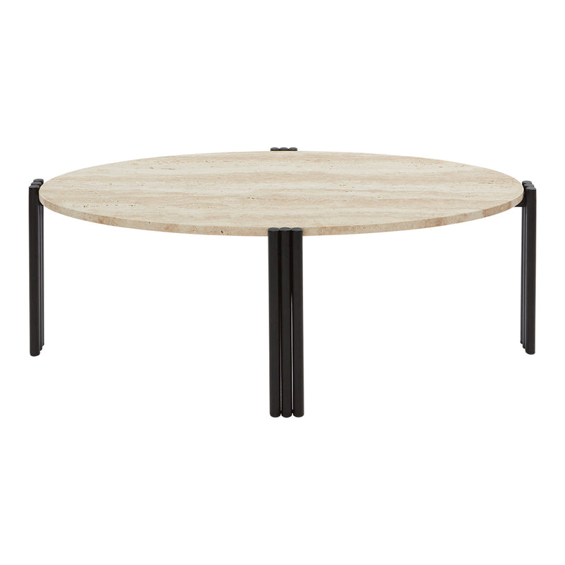 Round coffee table with a natural beige stone top and black metal legs, featuring a sleek, modern design.