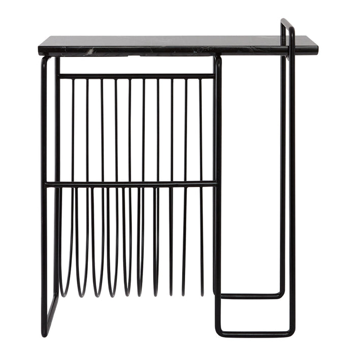 Black metal side table with sleek lines and a textured marble top, featuring an elegant modern pattern.