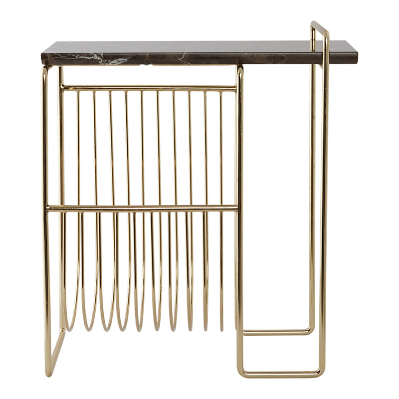 Gold metal frame with a black marble top, featuring sleek lines and a modern design. Perfect for contemporary decor.